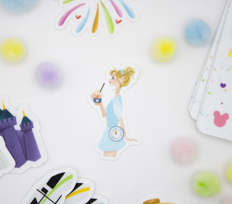 Die-cut Cinderella sticker for iPhone that reimagines the Disney princess as a regular park guest.
